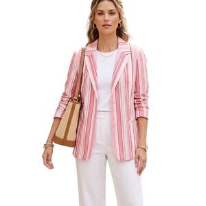 Denim & Co Womens Large Pink Striped Seersucker Snap Front Blazer Jacket L